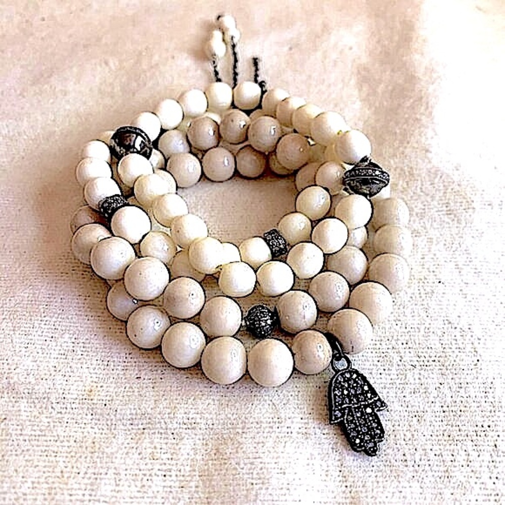 Set of Four Boho Beaded Bracelets with Pavé Diamond Accents